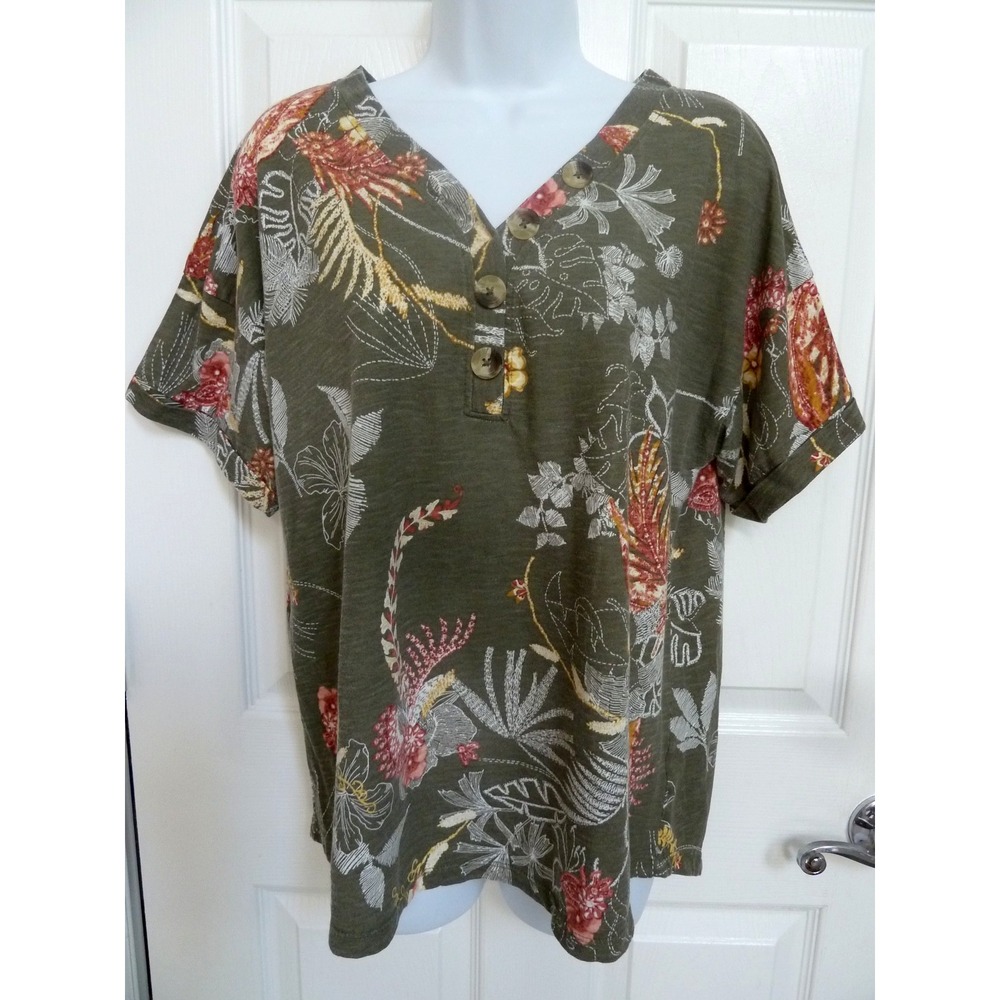 New Directions Womens Large Olive Green Woodsy Floral Henley Cuffed Sleeve Top